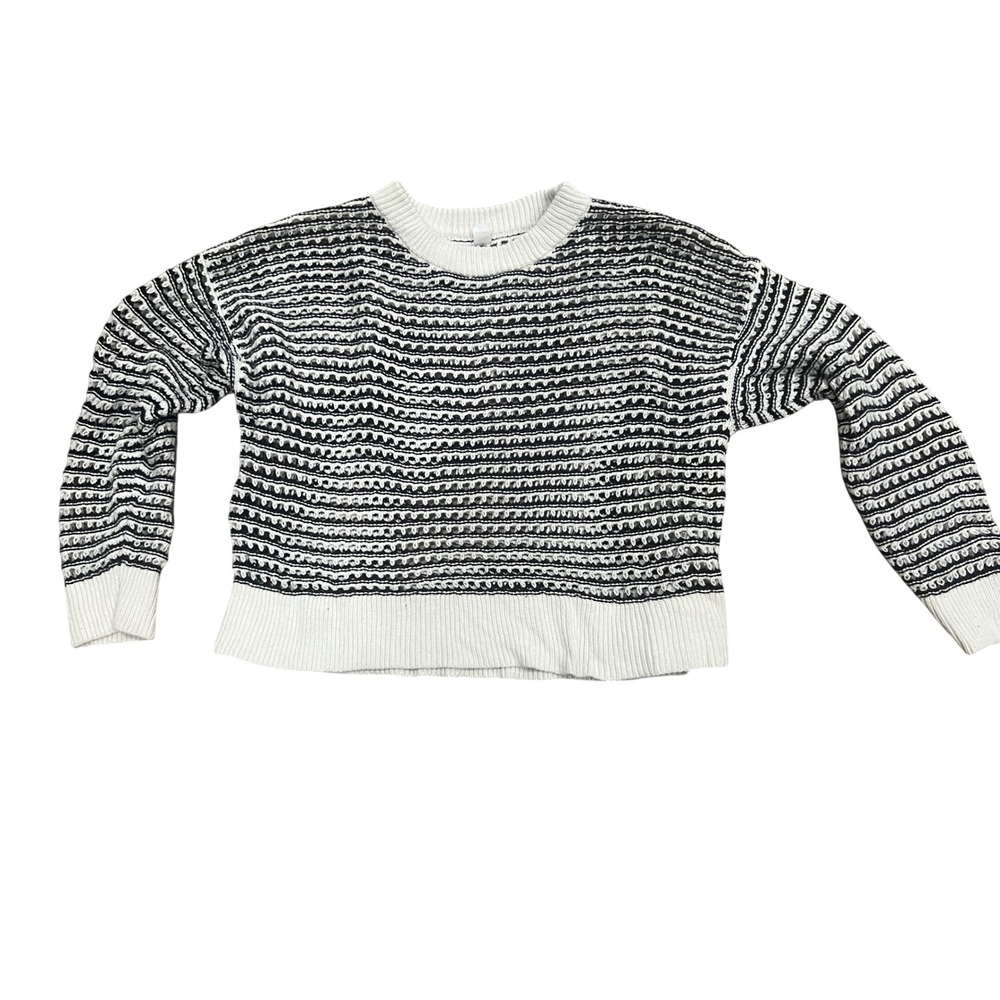 Old Navy Sweater Womens Sz M Striped Open Knit Crewneck White Black Coastal Boho